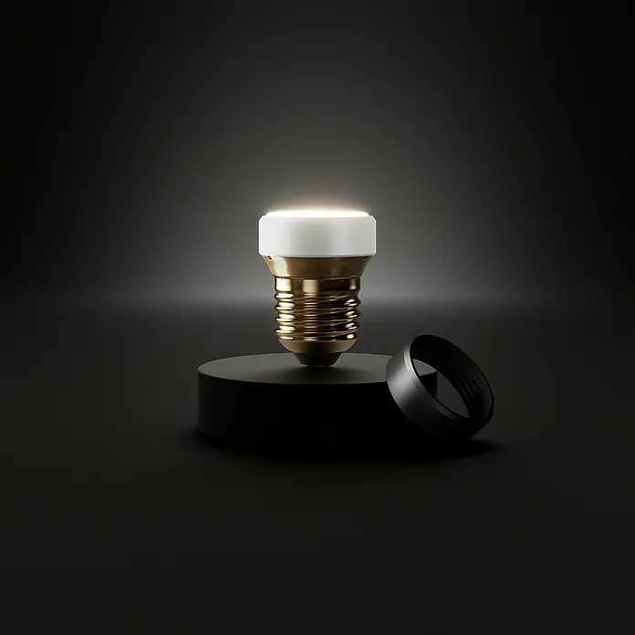 Ledvance LED-Lampe Flat - E27, Dimmbar, Warmweiß, 300 lm, 3,5 W, 1 Stk. - Eine Nahaufnahme einer goldenen Glühbirne mit weißer Spitze auf einem runden Sockel und einem Ring daneben. Elegantes Design für moderne Beleuchtung.