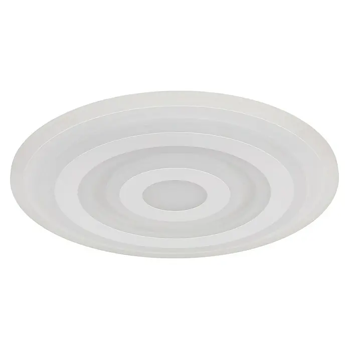 Globo LED-Deckenleuchte rund Alois - Ø x H: 40 x 5 cm, Weiß opal, Warmweiß - Nahaufnahme einer weißen, runden Deckenleuchte mit konzentrischen Kreisen auf schwarzem Hintergrund, die ein elegantes und modernes Design zeigt.
