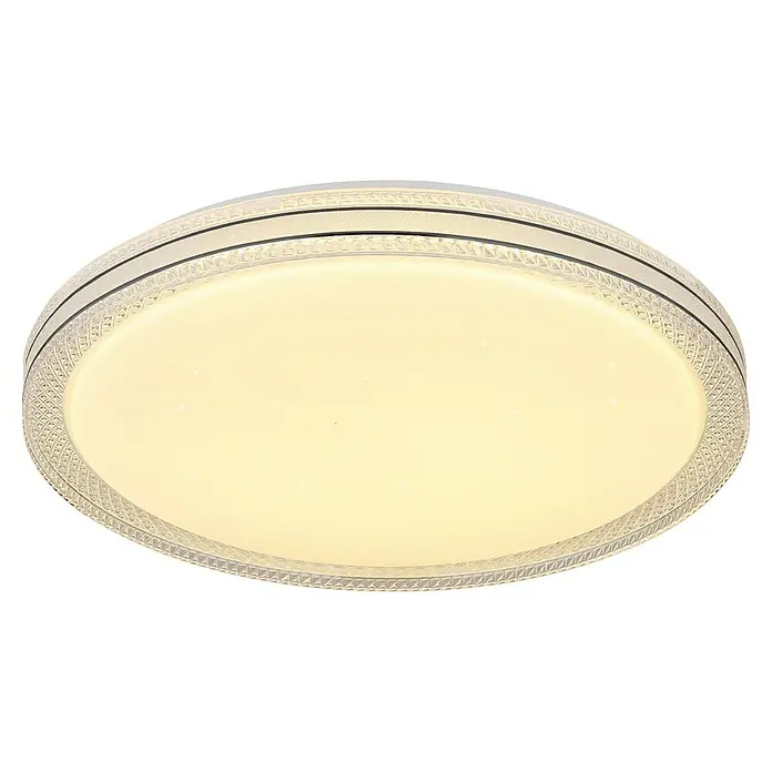 Globo LED-Deckenleuchte rund Veleno Sparkle - 24 W, Ø x H: 49 x 7 cm, Weiß, Warmweiß - Nahaufnahme einer runden Deckenleuchte mit dekorativem Rand, die ein warmes, sanftes Licht ausstrahlt und für eine gemütliche Atmosphäre sorgt.