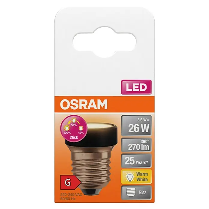 Ledvance LED-Lampe Flat - E27, Dimmbar, Warmweiß, 300 lm, 3,5 W, 1 Stk. - Nahaufnahme einer Osram LED Lampe mit E27-Sockel, warmweißem Licht und langer Lebensdauer. Energiesparend und langlebig.