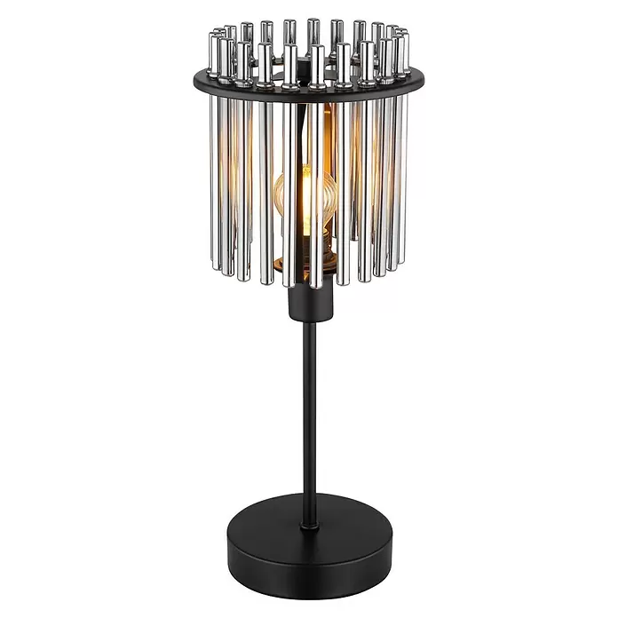 Globo Gorley LED-Tischleuchte rund - 40 W, Ø x H: 15 x 37,5 cm, Schwarz, Rauchfarben - Schwarze Tischleuchte mit zylindrischem Chromschirm und sichtbarer glühender Birne.