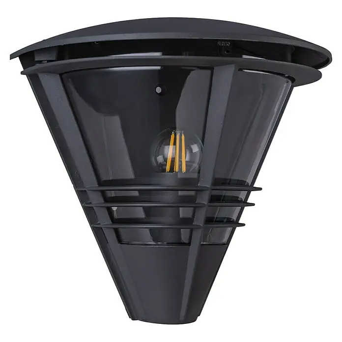 Globo Außenwandleuchte Salla - 60 W, L x B x H: 16,5 x 27 x 25 cm, IP44 - Nahaufnahme einer modernen, anthrazitfarbenen Außenleuchte mit Glühbirne, die ein stilvolles Ambiente für jeden Außenbereich schafft.