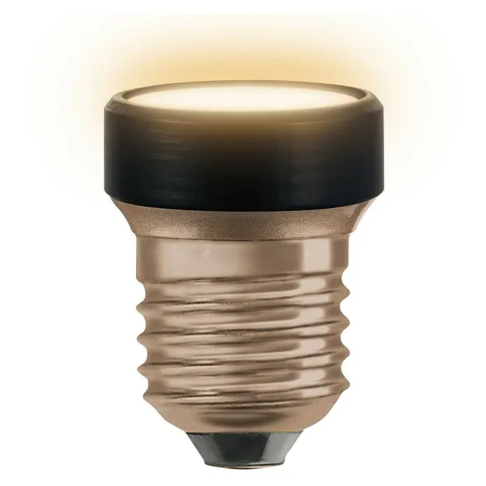 Ledvance LED-Lampe Flat - E27, Dimmbar, Warmweiß, 300 lm, 3,5 W, 1 Stk. - Nahaufnahme einer warm leuchtenden E14 LED-Lampe mit goldenem Sockel und schwarzem Kopf, ideal für stimmungsvolle Beleuchtung.
