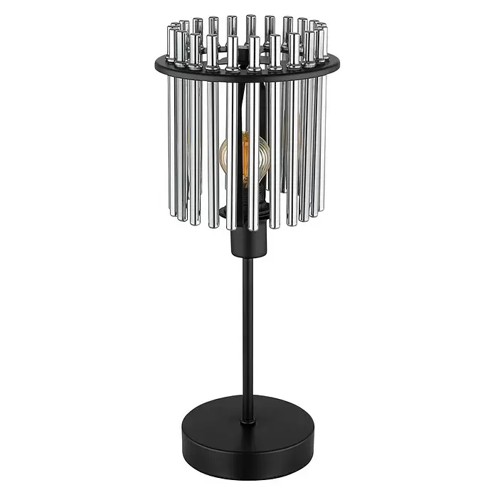 Globo Gorley LED-Tischleuchte rund - 40 W, Ø x H: 15 x 37,5 cm, Schwarz, Rauchfarben - Schwarze Tischleuchte mit zylindrischem Chromschirm und sichtbarer Glühbirne.