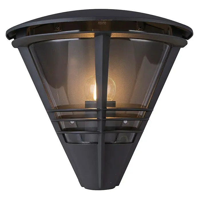 Globo Außenwandleuchte Salla - 60 W, L x B x H: 16,5 x 27 x 25 cm, IP44 - Nahaufnahme einer dekorativen, konischen Außenleuchte mit Glühbirne, die ein warmes Licht in der Dunkelheit spendet.