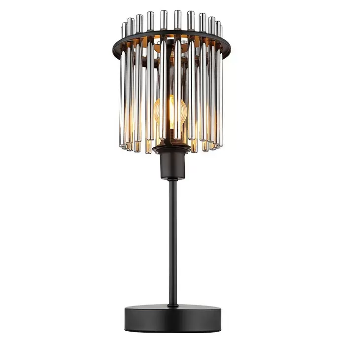 Globo Gorley LED-Tischleuchte rund - 40 W, Ø x H: 15 x 37,5 cm, Schwarz, Rauchfarben - Schwarze Tischlampe mit zylindrischem Schirm aus klaren Glasstäben und beleuchteter Glühbirne.