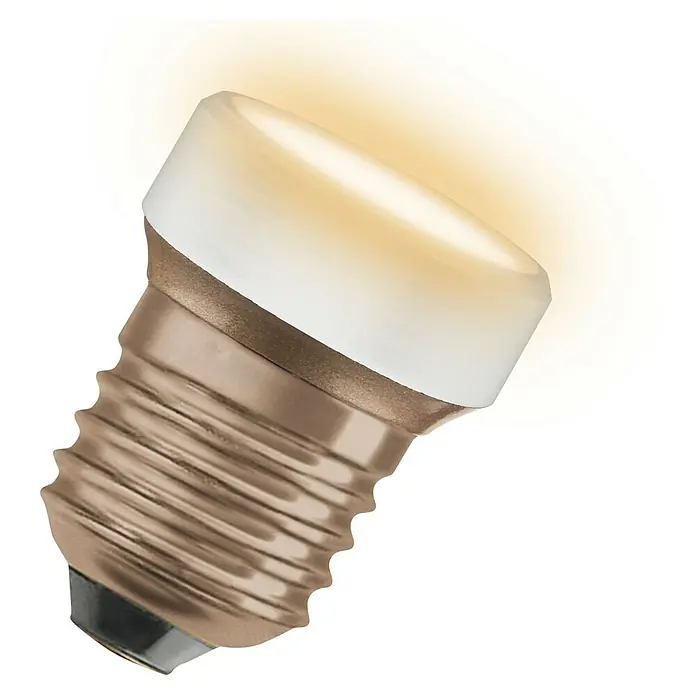 Ledvance LED-Lampe Flat - E27, Nicht Dimmbar, Warmweiß, 300 lm, 3,5 W, 3 Stk. - Nahaufnahme einer warm leuchtenden LED-Lampe mit E27-Sockel, ideal für stimmungsvolle Beleuchtung in jedem Raum.