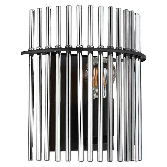 Globo Gorley LED-Wandleuchte - 60 W, L x B x H: 12,5 x 25 x 26 cm, Schwarz, Silber, Rauch - Moderne Wandleuchte mit schwarzem Sockel und vertikalen, reflektierenden Chromstäben, die eine Vintage-Glühbirne umschließen.