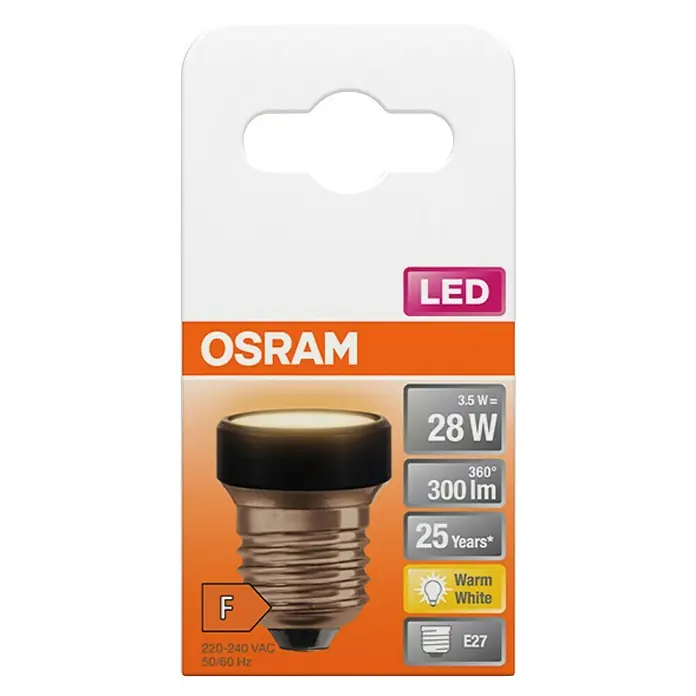 Ledvance LED-Lampe Flat - E27, Nicht Dimmbar, Warmweiß, 300 lm, 3,5 W, 1 Stk. - Produktbild einer OSRAM LED-Lampe mit 28 W, E27-Sockel, warmweißem Licht und Energieeffizienzklasse F auf einer Produktverpackung.
