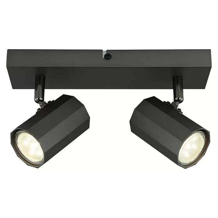 Globo James LED-Wand- & Deckenleuchte - 25 W, L x B x H: 26 x 6 x 14,5 cm, Anthrazit, Warmweiß - Zwei verstellbare schwarze Metallstrahler an einer linearen Leuchte, die warmes Licht abstrahlen.