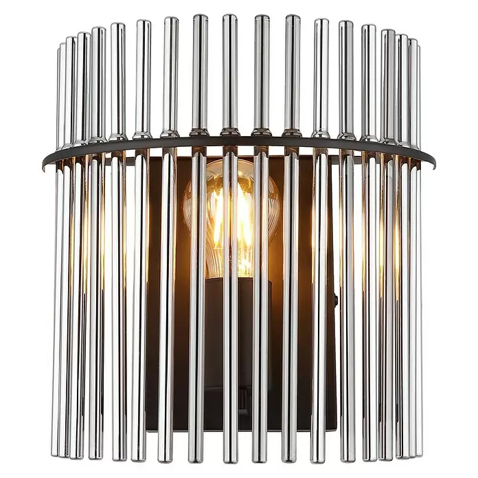 Globo Gorley LED-Wandleuchte - 60 W, L x B x H: 12,5 x 25 x 26 cm, Schwarz, Silber, Rauch - Schwarze Wandleuchte mit vertikalen Chromstäben und einer sichtbaren Glühbirne.