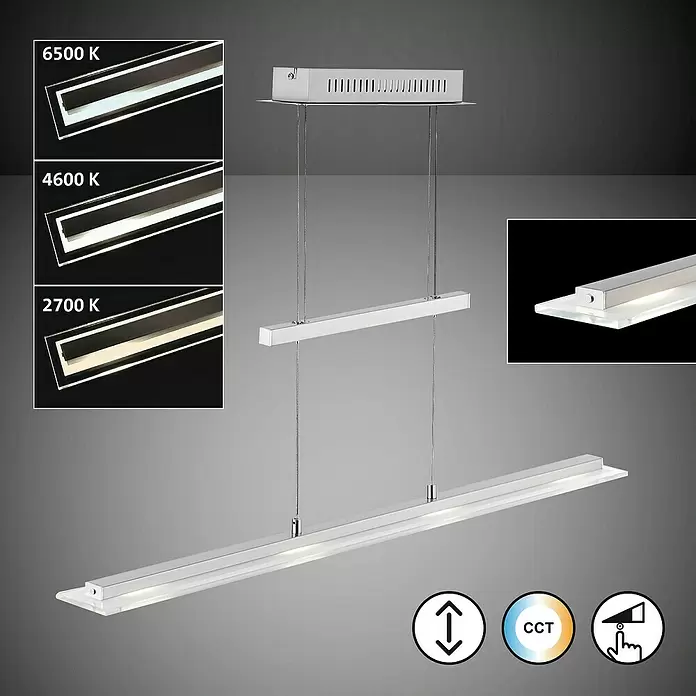 Fischer & Honsel LED-Pendelleuchte Tenso TW - 22 W, Nickel, Länge: 115 cm, Pendellänge: 80 cm - 150 cm - Moderne silberne LED-Pendelleuchte mit einstellbarer Höhe, Farbtemperatur und Dimmfunktion.