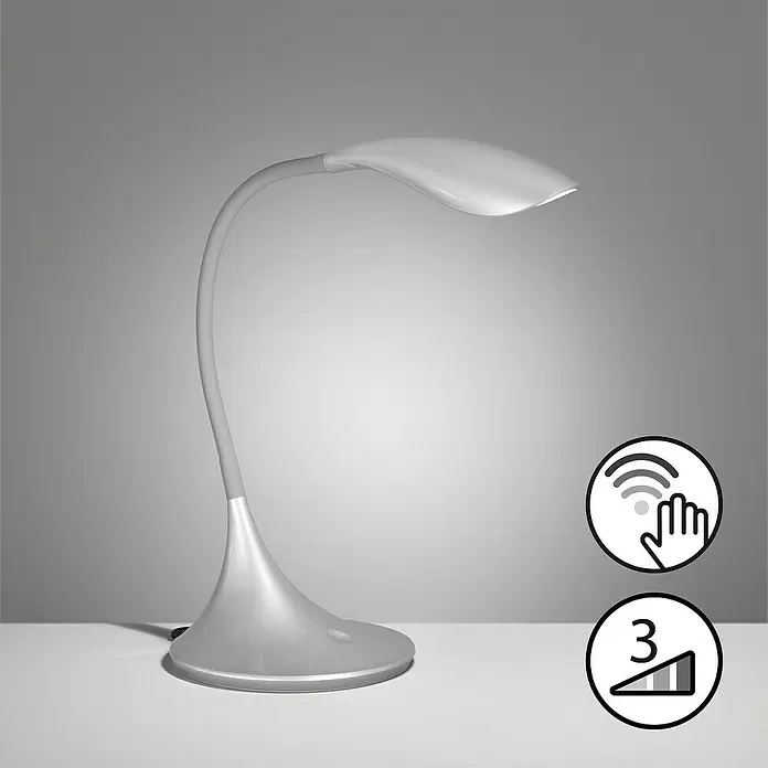 Fischer & Honsel LED-Tischleuchte Nil - 5,5 W, L x B x H: 40 cm x 17 mm x 37,5 mm, Silber, Warmweiß - Silbergraue Schreibtischlampe mit flexiblem Hals, Touch-Steuerung und 3-Stufen-Dimmung.