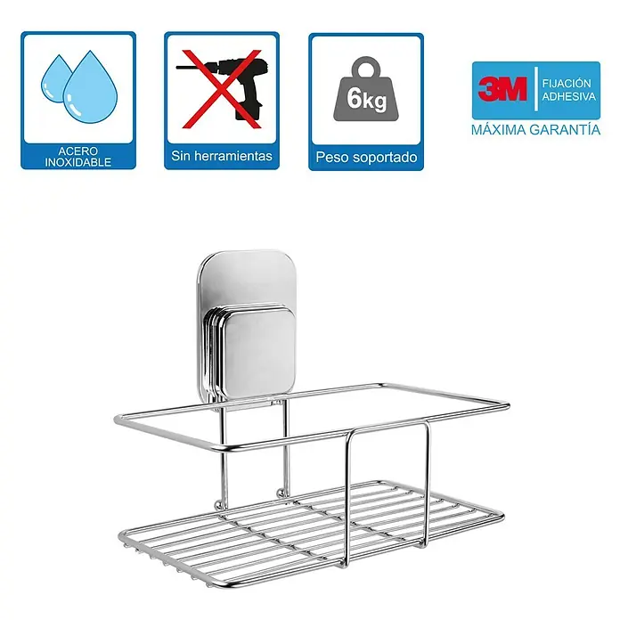 Cesta de baño Legend - 12 x 20 x 16 cm, Acero inoxidable, Inox - Imagen de un estante de ducha de acero inoxidable con dos estantes, adherido a la pared con tiras adhesivas.