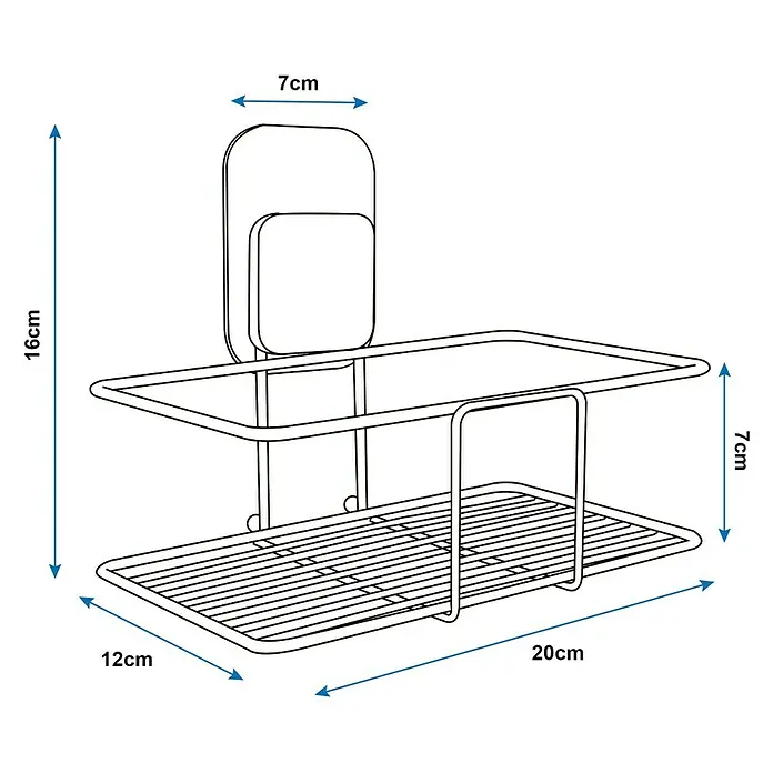 Cesta de baño Legend - 12 x 20 x 16 cm, Acero inoxidable, Inox - Ilustración de un estante de almacenamiento, que mide 16 cm de alto, 12 cm de ancho y 20 cm de profundidad, ideal para cocina o baño.