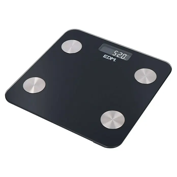EDM Báscula digital Body Composition - 26 x 26 x 2,2 cm, Negro - Báscula de baño digital negra de EDM con cuatro sensores metálicos y una pantalla que muestra 52,0 kg para mediciones precisas.