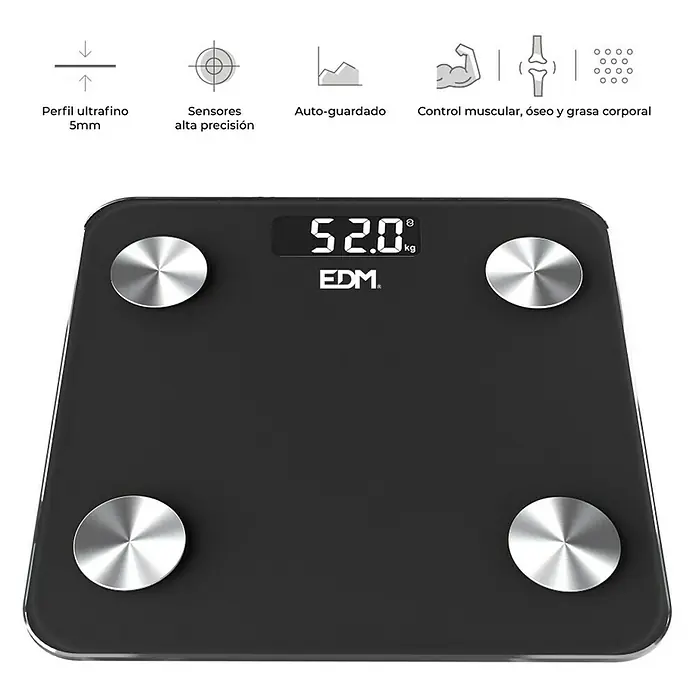 EDM Báscula digital Body Composition - 26 x 26 x 2,2 cm, Negro - Una báscula digital EDM en negro elegante, que mide peso, músculo, hueso y grasa corporal con alta precisión.