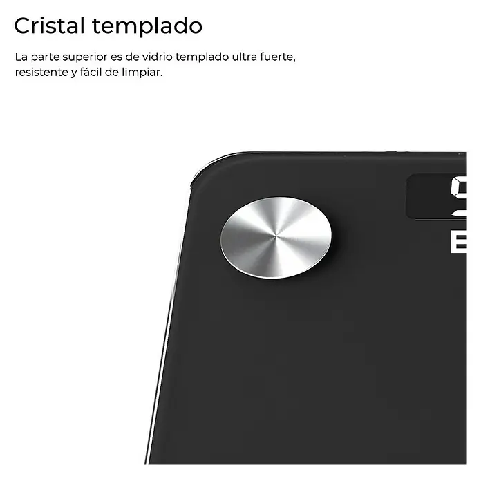 EDM Báscula digital Body Composition - 26 x 26 x 2,2 cm, Negro - La imagen muestra una báscula de vidrio negra moderna con un elemento metálico redondo y una pantalla digital.