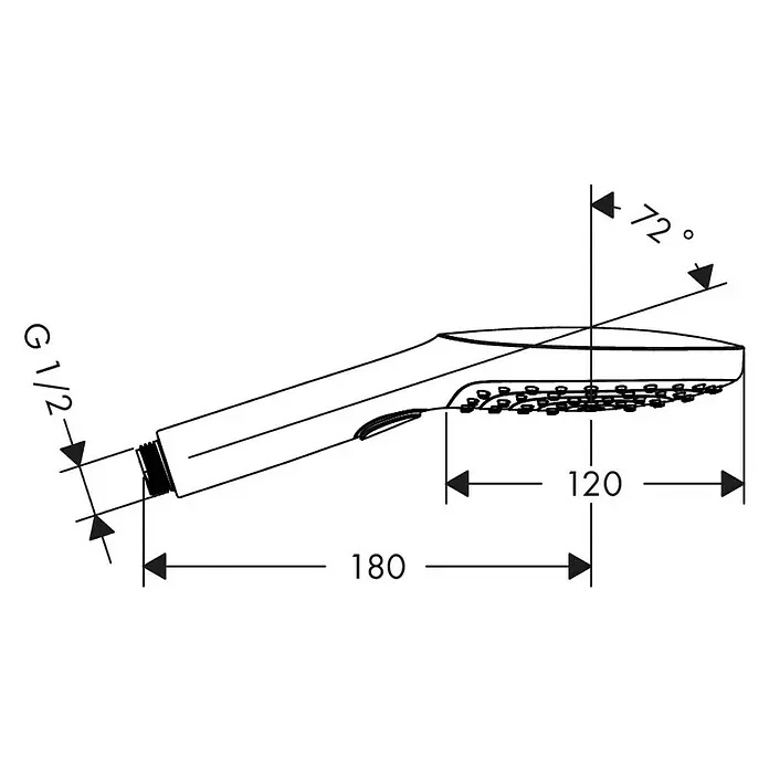 Hansgrohe Handbrause Raindance Select E 120 - Anzahl Funktionen: 3 Stk., Durchmesser: 12 cm, Chrom - Zeichnung eines Duschkopfes mit Maßangaben.