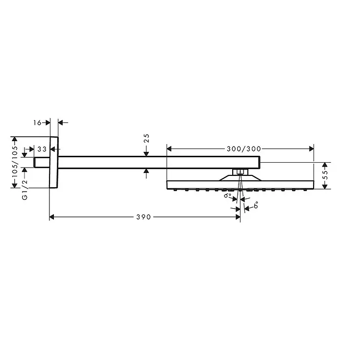 Hansgrohe Kopfbrausen-Set Raindance E 300 - 30 x 30 cm, 17 l/min, Wandmontage, Chrom - Technische Zeichnung eines Duschkopfs mit Maßangaben, einschließlich Länge, Durchmesser und Winkel für Installationszwecke.