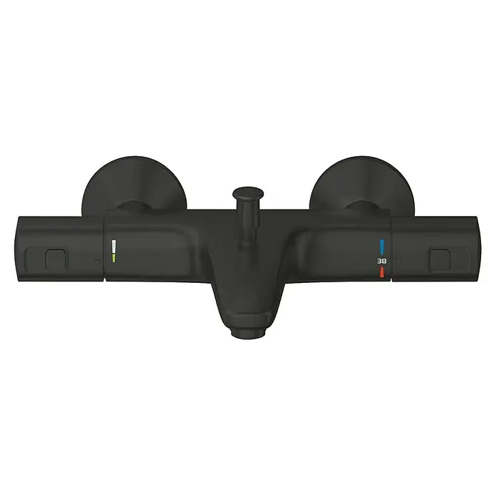 Grohe QuickFix Start Grifo con termostato / bañera - Ancho: 60,4 cm, Negro, Mate - Primer plano de un grifo de ducha negro con indicador de temperatura. Diseño moderno para baño con control preciso de la temperatura.