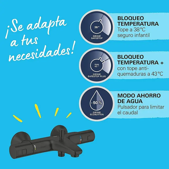 Grohe QuickFix Start Grifo con termostato / bañera - Ancho: 60,4 cm, Negro, Mate - Imagen de un grifo Grohe negro con control de temperatura y funciones de ahorro de agua destacadas.