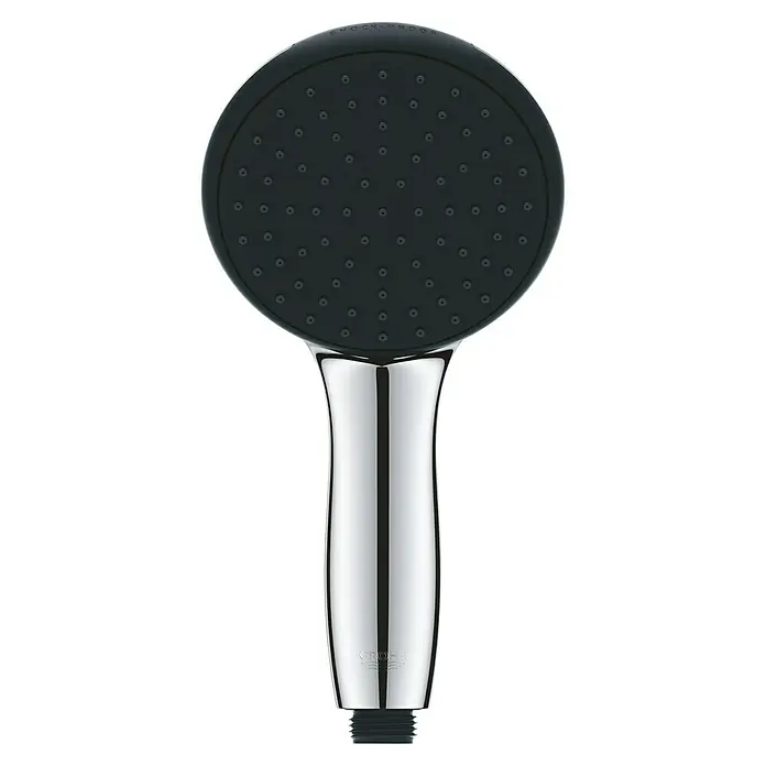 Grohe QuickFix Vitalio Start Teleducha 110 - Número de funciones: 1 ud., Cromo - Imagen de un cabezal de ducha Grohe con un cabezal redondo negro y un mango cromado. El diseño es moderno y elegante.
