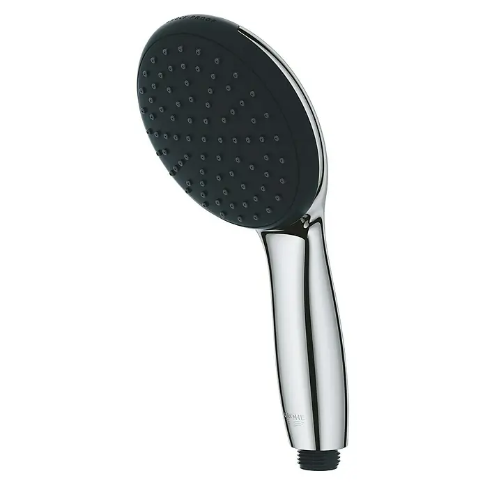 Grohe QuickFix Vitalio Start Teleducha 110 - Número de funciones: 1 ud., Cromo - La imagen muestra un moderno cabezal de ducha Grohe cromado con una cara de ducha negra. El diseño es elegante y funcional.