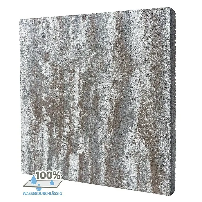 Terrassenplatte Megadrain Tundra - 50 x 50 x 4 cm, Hellgrau/Braun, Beton - Das Bild zeigt einen quadratischen Pflasterstein in grauer Farbgebung mit Wasserzeichen.