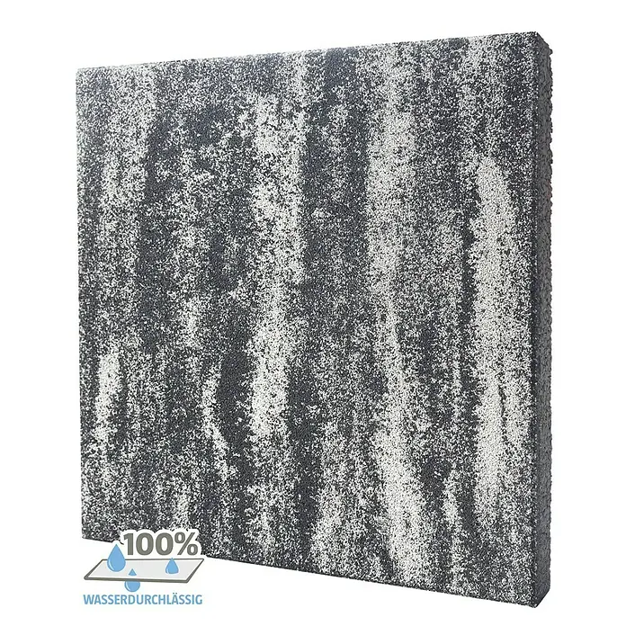 Terrassenplatte Megadrain Saturn - 50 x 50 x 4 cm, Grau/Schwarz, Beton - Ein Pflasterstein mit einer rauen, gesprenkelten Oberfläche in Grau- und Weißtönen, der wasserdurchlässig ist.
