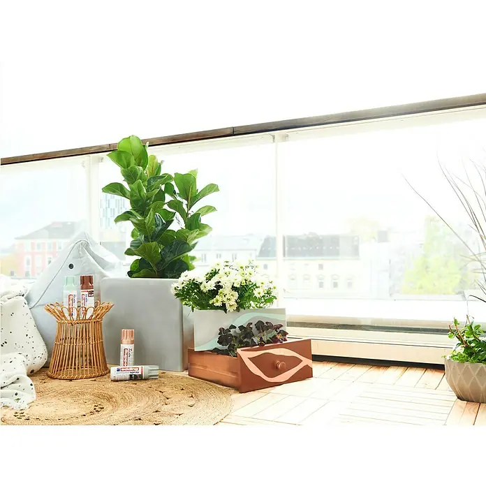 Edding Sprühlack Effekt - Beton Effekt, Seidenmatt, 200 ml - Verschönern Sie Ihr Zuhause mit edding Permanent Sprays, die hier neben Pflanzen und dekorativen Elementen auf einem sonnigen Balkon präsentiert werden.
