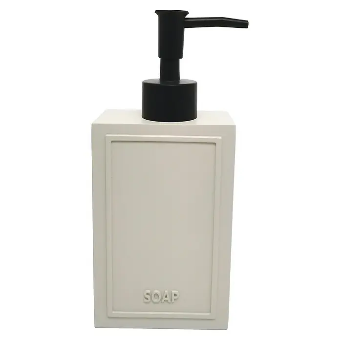 Bath Stage Dispensador de jabón B-Aqua - L x An x Al: 6 x 9 x 175 cm, Plástico, Beige/Negro - Primer plano de un dispensador de jabón blanco con una bomba negra. El dispensador tiene un diseño cuadrado con la palabra "SOAP" grabada en el frente.