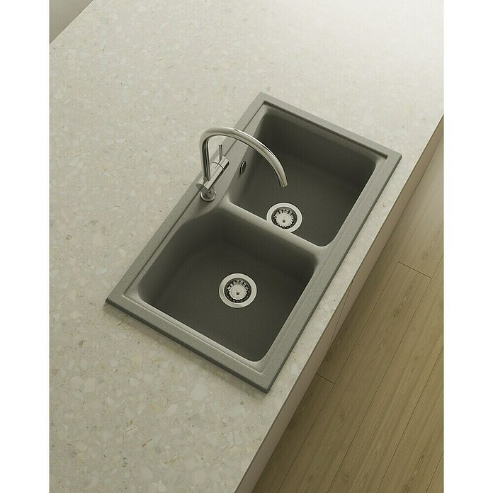 Poalgi Fregadero encastrable doble City Hekla (86 x 51 cm, Material compuesto, Ash) | BAUHAUS