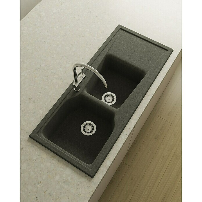 Poalgi Fregadero encastrable doble City Hekla (117 x 51 cm, Material compuesto, Basalt) | BAUHAUS