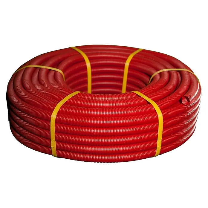 Tubo corrugado protector - Diámetro: 19 mm, Rojo - Un rollo de conducto eléctrico flexible rojo atado con cintas amarillas.