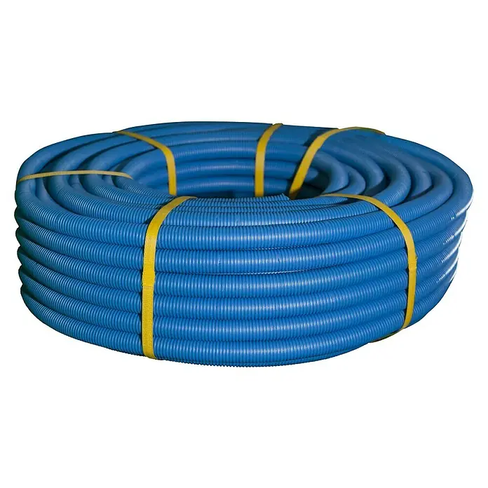 Tubo corrugado protector - Diámetro: 19 mm, Azul - Un rollo de conducto eléctrico azul flexible, asegurado con cintas amarillas, garantiza un enrutamiento de cables seguro y organizado en su hogar.