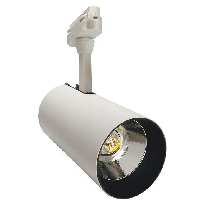 Led Hispania Foco LED para riel bifásico Aveiro - 30 W, Blanco, 7,5 x 17,7 cm, 5 ud., 3.000 K - Primer plano de un foco LED de carril blanco con cuerpo cilíndrico y luz brillante.
