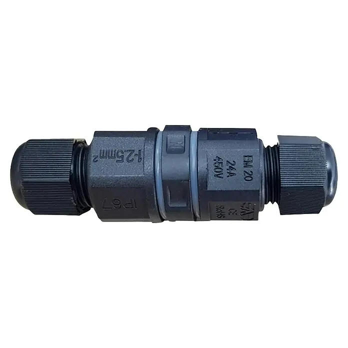 Led Hispania Conector estanco 3 hilos - Negro, IP67, 5 ud. - Prensaestopas negra EM 20 para cables de 1-2,5mm², protección IP67, 24A 450V, asegurando conexiones eléctricas seguras e impermeables.