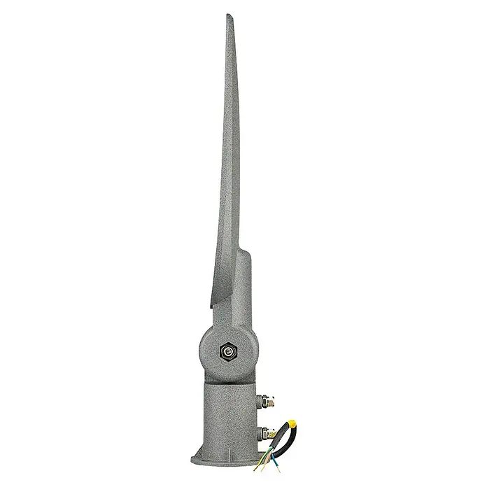 Led Hispania Farola LED Eko - 50 W, 8 x 15,12 x 48,65 cm, Gris, 5.000 lm, 4.000 K, IP65, 10 ud. - La imagen muestra un producto de iluminación gris con un diseño puntiagudo en forma de espada y una base cilíndrica.