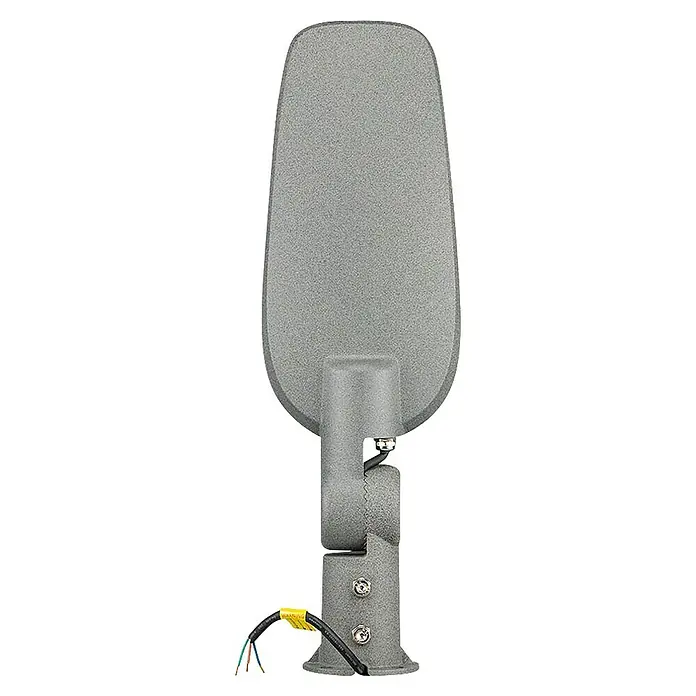 Led Hispania Farola LED Eko - 50 W, 8 x 15,12 x 48,65 cm, Gris, 5.000 lm, 4.000 K, IP65, 10 ud. - Primer plano de una farola moderna de metal gris con detalles y cableado claramente visibles.