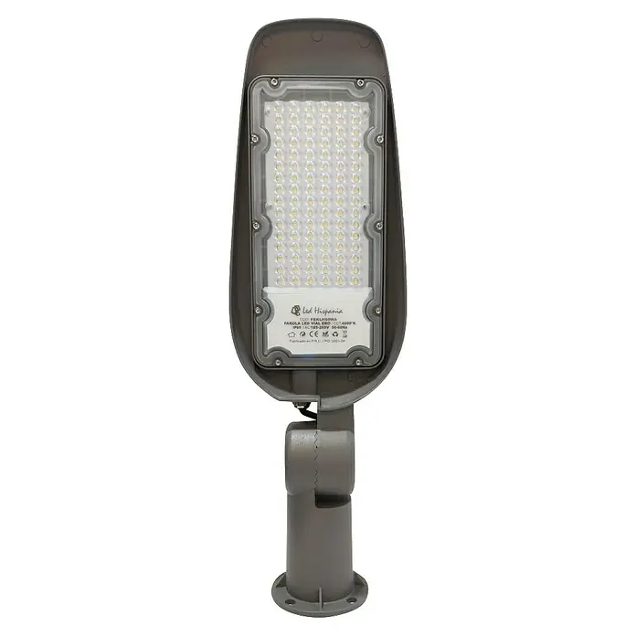 Led Hispania Farola LED Eko - 50 W, 8 x 15,12 x 48,65 cm, Gris, 5.000 lm, 4.000 K, IP65, 10 ud. - Primer plano de una farola LED gris con superficie de iluminación rectangular y base de montaje, diseñada para uso exterior.