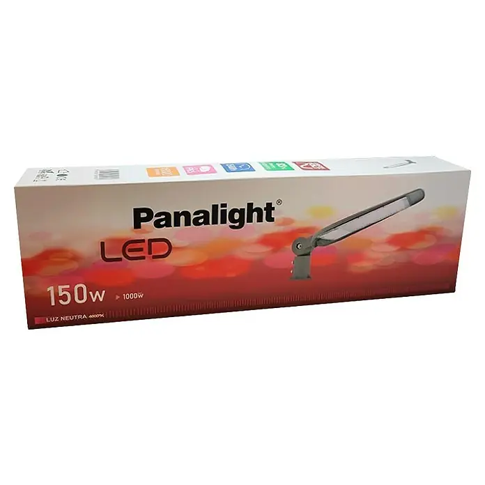 Panalight Farola LED Eko - 150 W, 9,7 x 21 x 63,8 cm, Gris, 15.000 lm, 4.000 K, IP65 - Una foto del producto de la lámpara LED Panalight en su embalaje, destacando el producto y su marca.