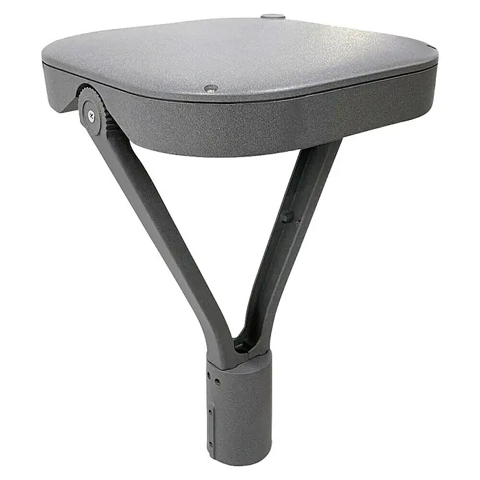 Panaled Farola LED Sunset - 50 W, 44,1 x 30,1 x 30,1 cm, Gris, 4.000 K, 8.350 lm, IP65 - Una moderna luminaria de cabeza de poste gris con una cabeza cuadrada y brazos en forma de V, ideal para iluminar áreas exteriores.