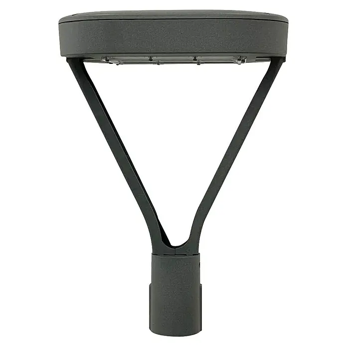 Panaled Farola LED Sunset - 50 W, 44,1 x 30,1 x 30,1 cm, Gris, 4.000 K, 8.350 lm, IP65 - Primer plano de una moderna luminaria gris para poste con iluminación LED de bajo consumo, ideal para zonas exteriores e iluminación de caminos.