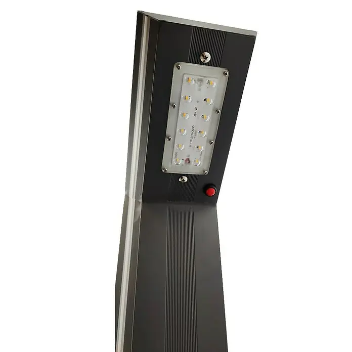 Panalight Sobremuro exterior solar Nalón - 2 W, Color del marco: Negro - Primer plano de una innovadora farola LED con un diseño moderno y tecnología integrada para una iluminación eficiente.