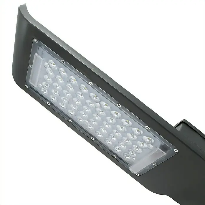 Led Hispania Farola LED Neo - 20 W, 3,5 x 0,11 x 28,5 cm, Gris, 90 lm - 120 lm, 5.700 K, IP65, 20 ud. - Primer plano de una farola LED, que muestra un sistema de iluminación exterior brillante y eficiente.