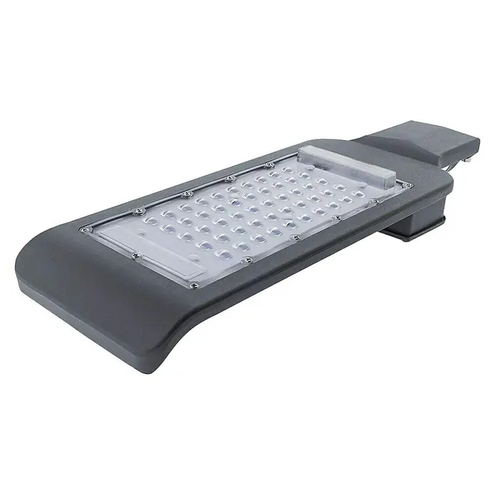 Led Hispania Farola LED Neo - 20 W, 3,5 x 0,11 x 28,5 cm, Gris, 90 lm - 120 lm, 5.700 K, IP65, 20 ud. - Primer plano de una farola LED con una carcasa transparente que muestra los componentes internos y el diseño de la luminaria.
