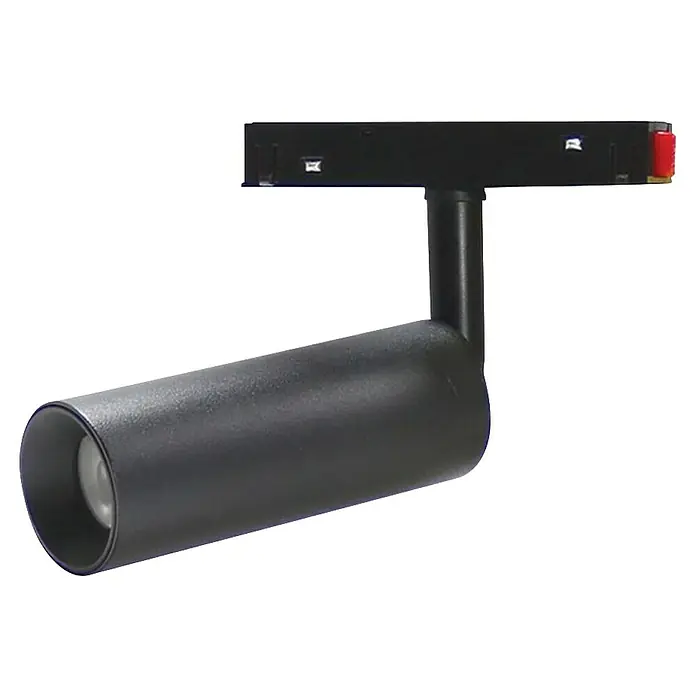 Panaled Foco para riel Segovia - 10 W, Negro, 5 ud. - Primer plano de un foco LED negro con cabezal cilíndrico y soporte de montaje.