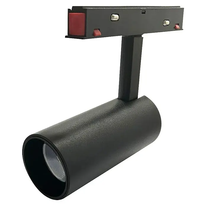 Panaled Foco para riel Segovia - 10 W, Negro, 5 ud. - Primer plano de un foco LED de carril negro moderno con diseño cilíndrico y detalles rojos. Ideal para soluciones de iluminación interior elegantes.
