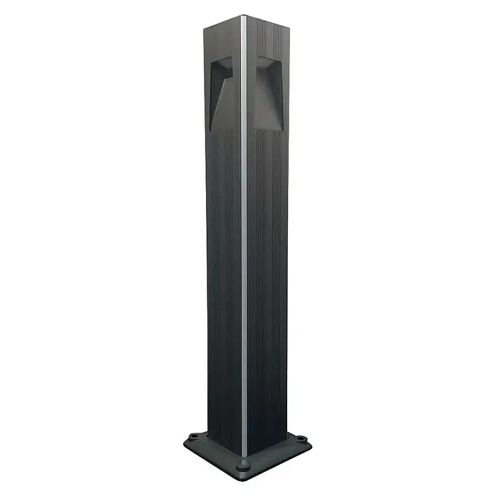 Led Hispania Sobremuro exterior Kubik - 3 ud., 12 W, Negro, 12 x 12 x 80 cm - Imagen de una moderna baliza de luz de aluminio negro, con ranuras verticales y detalles plateados. Está montada sobre una base cuadrada.
